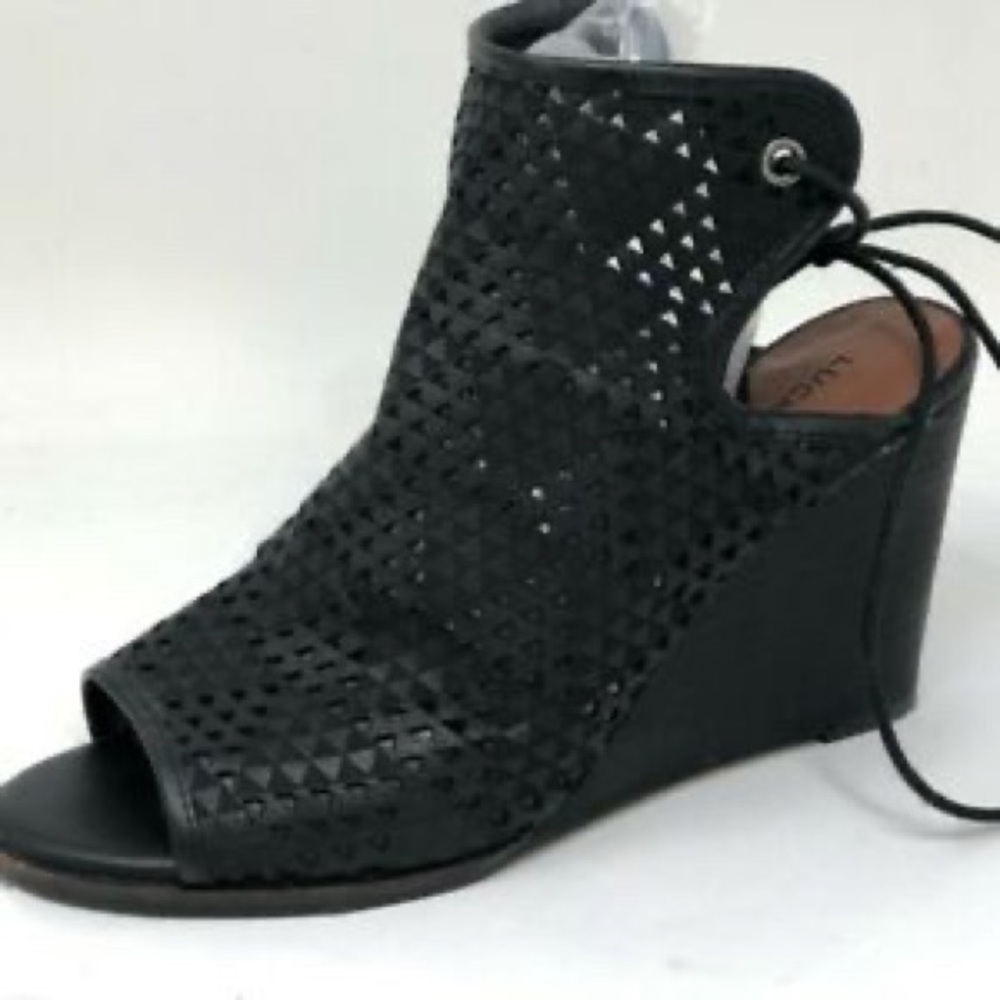 Lucky brand black peep toe ankle lace up wedges